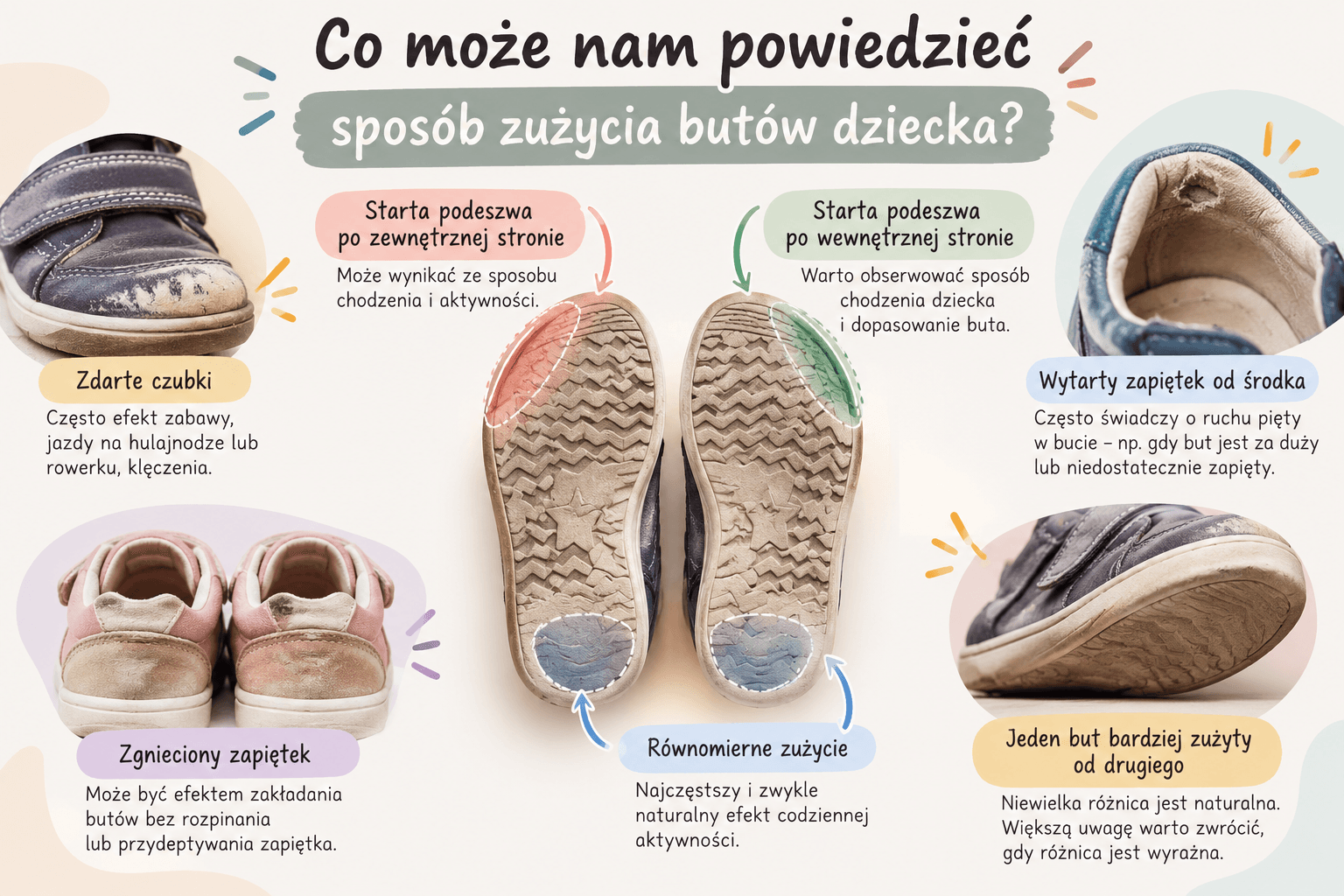 Co może nam powiedzieć sposób zużycia butów dziecka – starta podeszwa, zapiętek i czubki